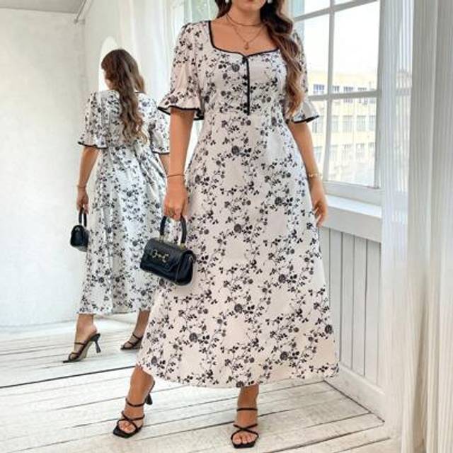 SHEIN Curve Plus Size Women&#39;s Romantic Elegant Everyday Retro Print Square Neck Bubble Short Sleeve Waist A-Line Long Dress,Graduation Dress,Wedding Guest D
