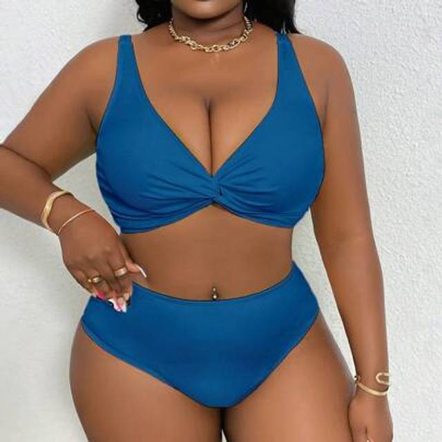 Slaydiva Plus Size Women Solid Color Twist-Front Tankini Swimsuit Set, Casual Holiday Beachwear