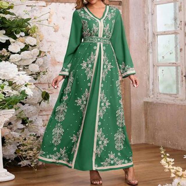 SHEIN Women&#39;s Muslim Abaya Long Dress Printed Belt Abaya Evening Dress, Modest Kaftan