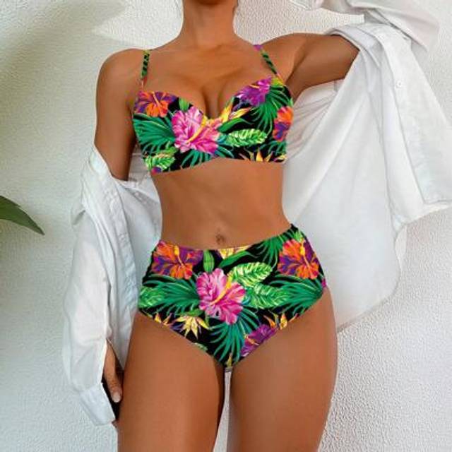 SHEIN Women&#39;s Floral Print Black Underwire Bikini Set, Family Matching Outfits (Mommy And Me, 4 Pieces Sold Separately)