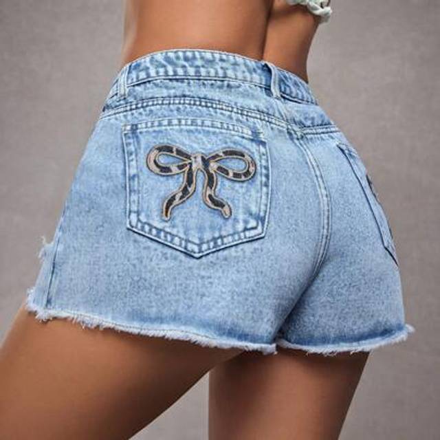SHEIN Women&#39;s Summer Casual Bow Embroidered Ripped Denim Shorts