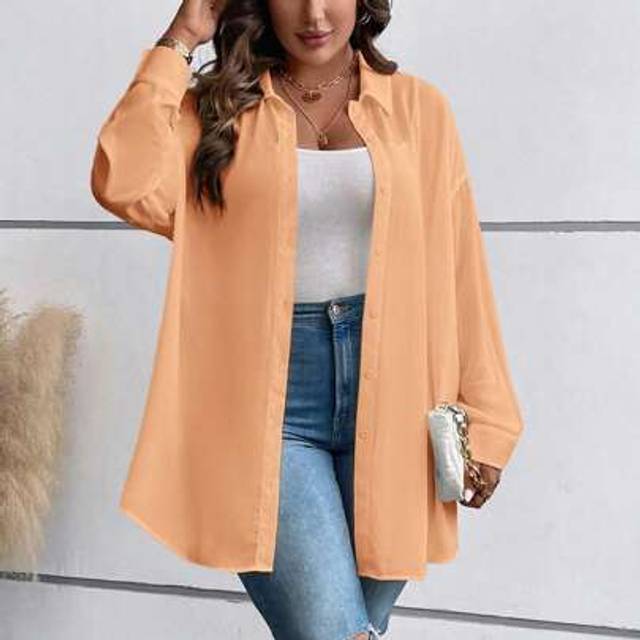 Luneh Plus Size Women&#39;s Solid Color Drop Shoulder Long Sleeve Single-Breasted Casual Shirt,Business Casual Woman