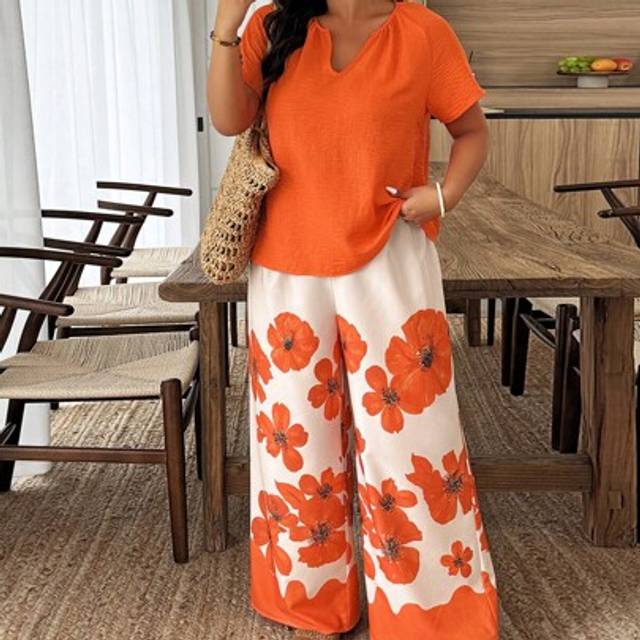 EMERY ROSE 2pcs Plus Size Casual Repeat Print Short Sleeve Top And Long Pants Set