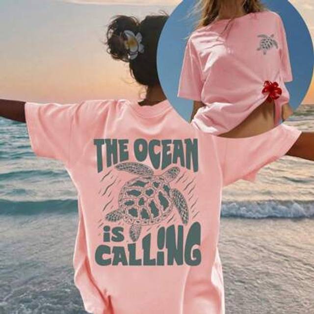 SHEIN The Ocean Is Calling & Turtle Print Summer Women&#39;s Oversize Short Sleeve Top, Casual Women&#39;s Clothing, Summer T-Shirts, Summer Tops, Graphic T-Shirts