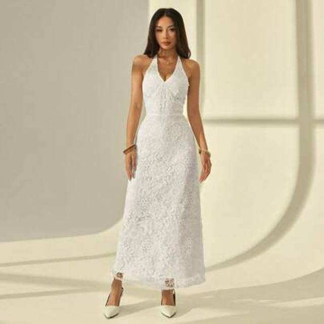 SHEIN Elegant Water-Soluble Lace Sexy Deep V Backless Fitted Extra Long Gown For Ball, Cocktail Party, Wedding,Summer Dresses Spring Clothes