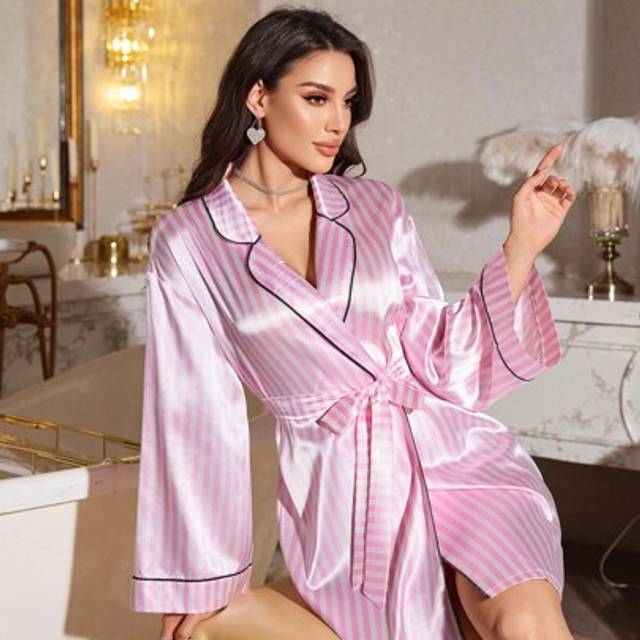 SHEIN Decorative Trim Striped Faux Silk Women&#39;s Bathrobe Luxeloungewear
