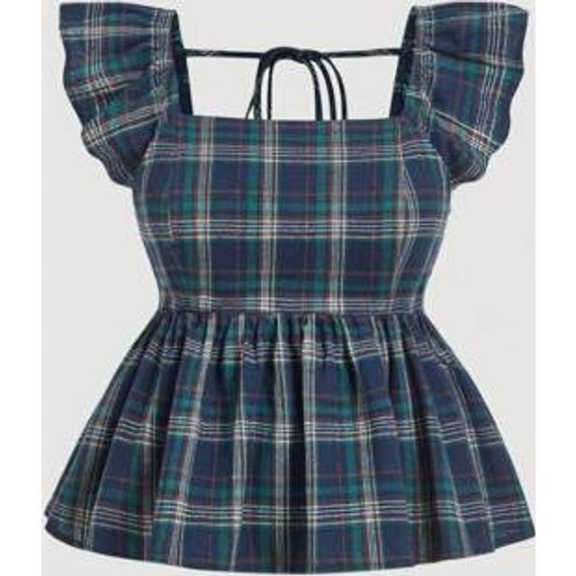 SHEIN Plus Size Summer Retro Plaid Collared Cropped Top, Preppy Babydoll Style Blouse