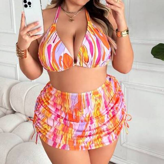 SHEIN Plus Size Women&#39;s Colorful Geometric Print Triangle Bikini With Drawstring Sides & Matching Cover-Up Swimsuit