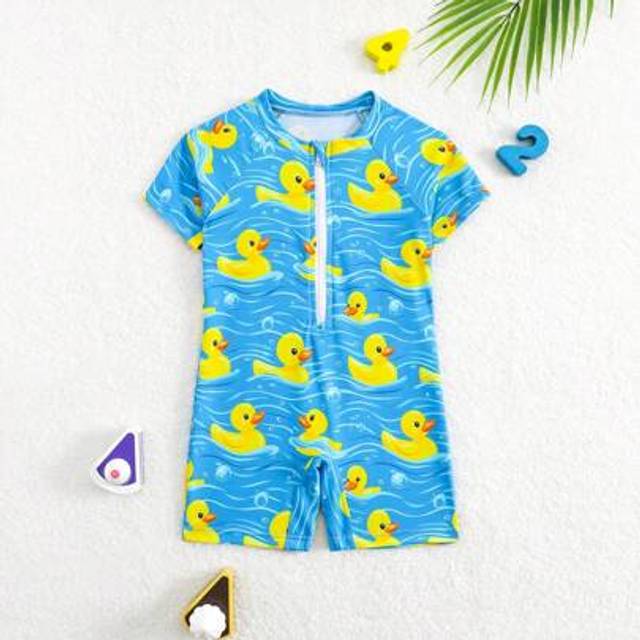 SHEIN Toddler Boys&#39; One-Piece Swimsuit With Cute Printed Ducklings Pattern, Short Sleeve Toddler Toddler Swimming Suit Swimming Suits For Baby S Toddler Swi