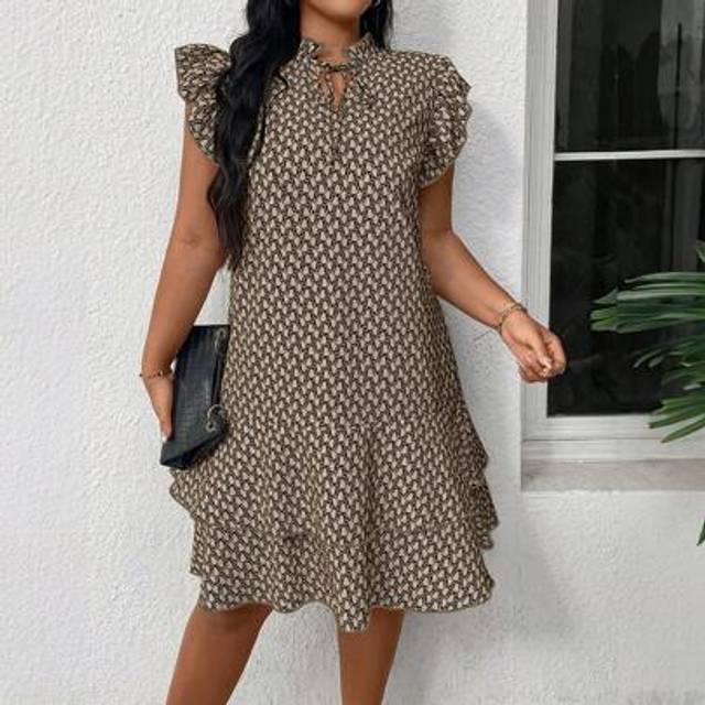 SHEIN Plus Size Women Geometric Print Tie Neck Cap Sleeve Fashion Dress