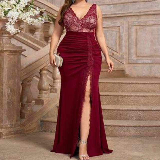 SHEIN Plus Size Burgundy Red Elegant Formal Dress With Sexy Lace Splice And High Side Slit, For Prom Or Evening Party, Wedding Guest Dress,Gown