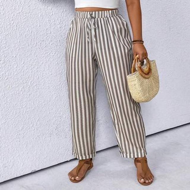 SHEIN Plus Size Color Block Striped Cone Shaped Casual Vacation Pants, Petite Plump