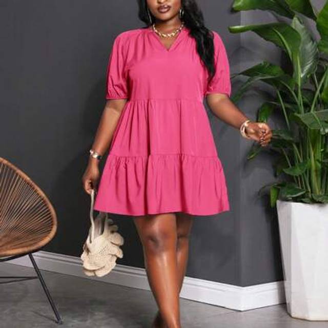 Slaydiva Plus Size Women Loose Fit Casual & Holiday Solid Color Blue Lantern Sleeve Ruffled Patchwork A-Line Doll Dress,Sundress,Summer Dresses For Women