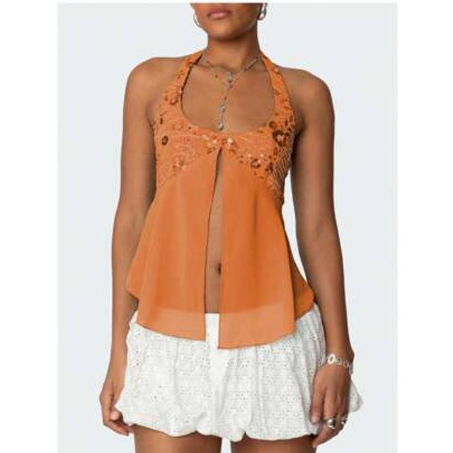 SHEIN Women Y2K Sparkly Sequin Beaded Halter Crop Top Sexy Sleeveless Backless Tie Up Crop Cami Tank Tops Open Back Slim Fit Coquette Tops