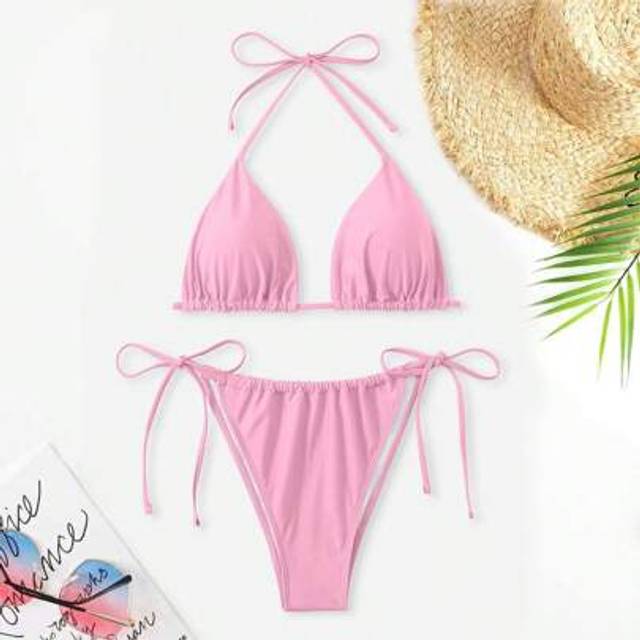 SHEIN 2pcs Plus Size Women Solid Color Tie-Front Halter Bikini Swimsuit Set, Sexy & Fashionable For Casual & Holiday