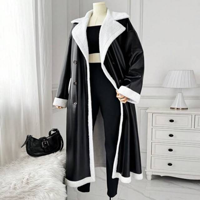 Comfortcana Plus Size Women Winter New PU Composite Fleece Thicken Warm Windproof Turndown Collar Double-Breasted Long Coat, Warm Winter Thermal