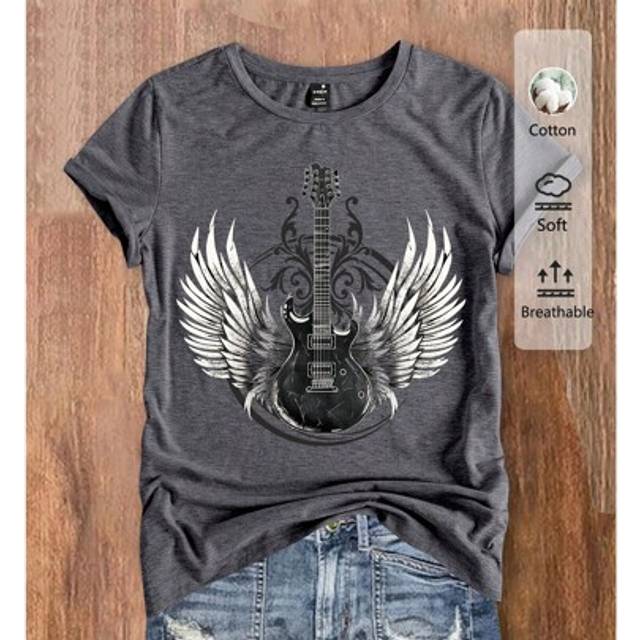 Luneh Music Festival Punk Rock Guitar Wings Graphic Casual Minimalist Round Neck Short Sleeve Loose T-Shirt For Women, Retro Style, Suitable For Summer