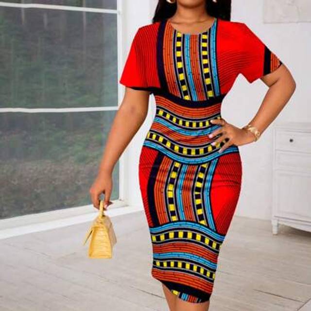 SHEIN Spring And Summer Boho Elegant Commuting Office Colorful Knitted Round Neck Bodycon Dress Midi Short Sleeve Plus Size Dresses Elegant Women Dresses Cl