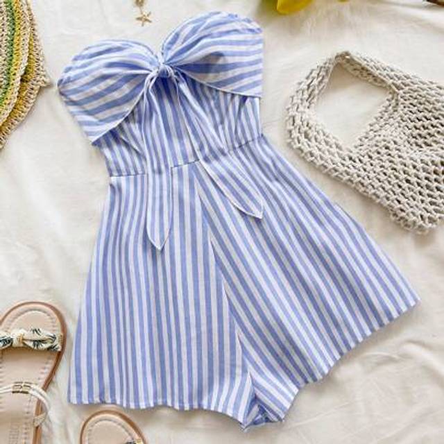 Soleia Women&#39;s Vacation Spring/Summer Cruise Vacation Blue Striped Twist Front Backless Loose Jumpsuit, For Party, Date, Afternoon Tea