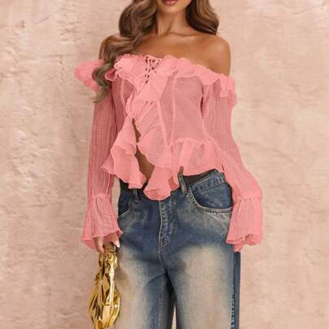 SHEIN Women&#39;s Solid White Sexy Romantic Off-Shoulder Ruffled Asymmetric Tie-Up Hem Long Sleeve Blouse, Suitable For Autumn/Winter, Spring, Holiday Travel, V