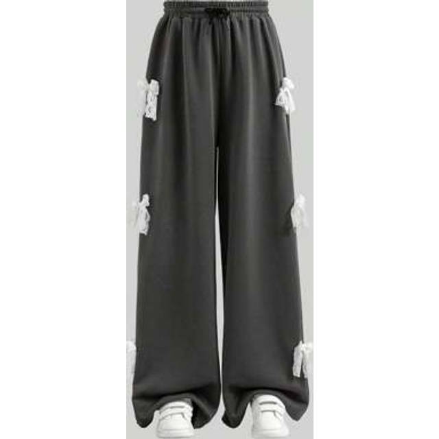 SHEIN Black Loose Wide Leg Knit Pants For Teen Girl Lace Bow Decor, Elastic Waistband, Casual Pants, Gift For Friend Or Yourself