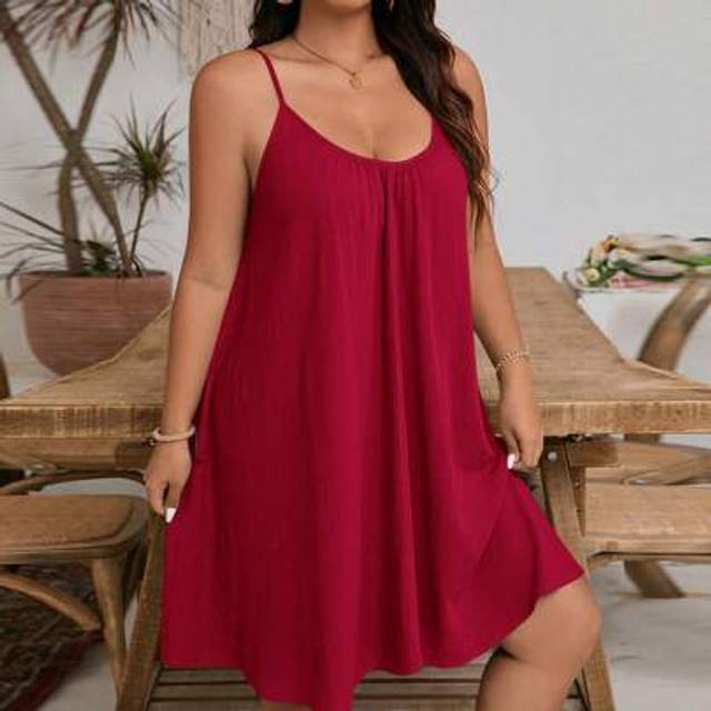 SHEIN Plus-Size Women&#39;s Loose Linen And Linen Holiday Casual Dress, Solid Color Spaghetti Strap Dress, Suitable For Summer, Comfortable And Breathable To We