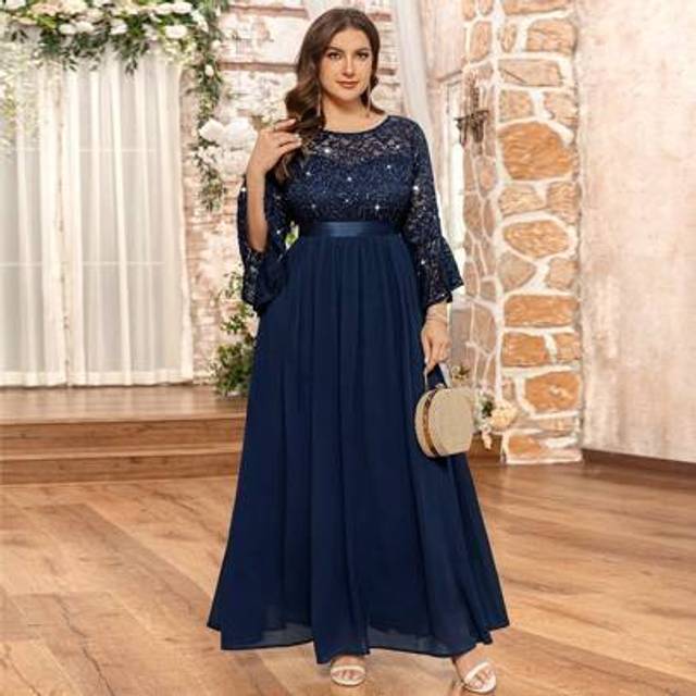 SHEIN Plus Elegant Floral Sequin Lace Flare Sleeve Chiffon Ruched Hem Formal Evening Party Long Dress, Wedding Guest Dress, For Birthday, Graduation, Formal