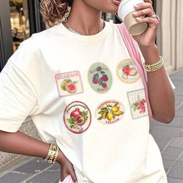 Slaydiva 2025 Spring/Summer Casual Minimalist Vacation Themed Oversize T-Shirt, Fruit Print Round Neck Loose Tee For Women, Suitable For Summer