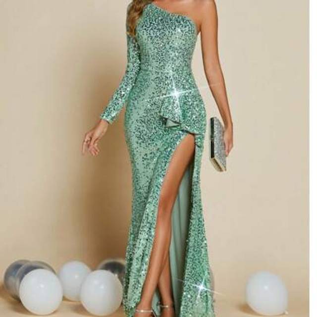SHEIN One Shoulder Wedding Guest Cocktail Homecoming Sequin High Slit Dress,Party Dress