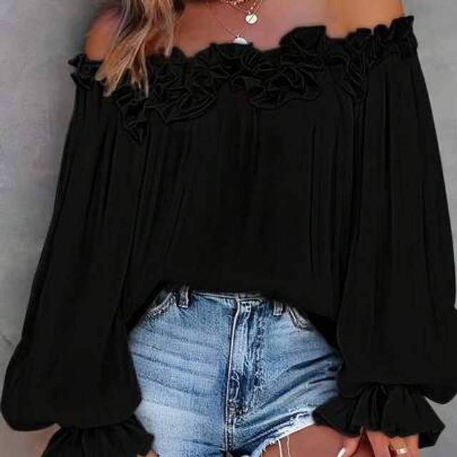 SHEIN Elegant Style Spring/Summer New Casual Off Shoulder Solid Color Long Sleeve Blouse Top, Loose Fit Plus Size
