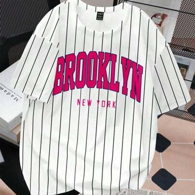 SHEIN Casual Loose Fit Round Neck Short Sleeve Striped & Brooklyn Print T-Shirt For Women, Suitable For Back To School, Summer, Sports Games