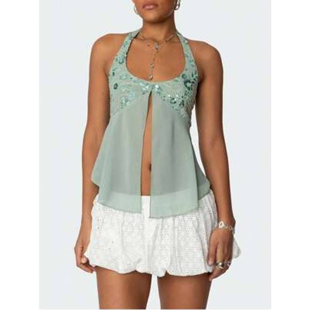 SHEIN Women Y2K Sparkly Sequin Beaded Halter Crop Top Sexy Sleeveless Backless Tie Up Crop Cami Tank Tops Open Back Slim Fit Coquette Tops