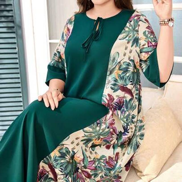 SHEIN Plus Size Women Vintage Patchwork Linen Floral Print Arabic Style Dress Women Summer Dresses Women Maxi Dresses