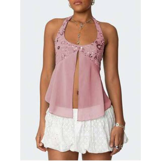 SHEIN Women Y2K Sparkly Sequin Beaded Halter Crop Top Sexy Sleeveless Backless Tie Up Crop Cami Tank Tops Open Back Slim Fit Coquette Tops
