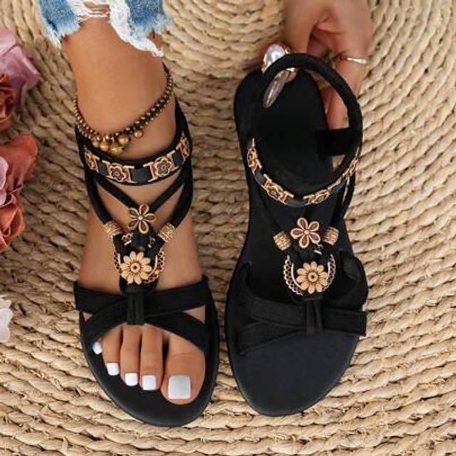SHEIN Women&#39;s Fashion Bohemian Style Flat Sandals, Comfortable Breathable Casual Dress Sandals, Versatile For Wedding, Party, Outdoor, Beach