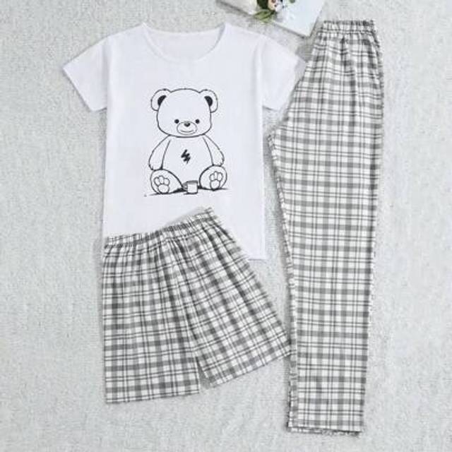 RueChic Women Cotton 3 Pcs Cute Bear Printed Shirt And Plaid Pattern Sleep Bottom&Shorts Homewear PJ Set