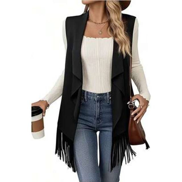 SHEIN Women&#39;s Tassel Sleeveless Vest 70s Hippie Faux Suede Fringe Jacket Cardigan Sleeveless Cowgirl Western Tassel Vest