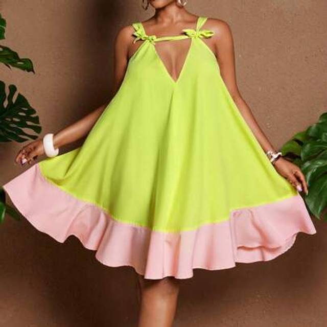 Maweii Plus Size Summer Holiday Colorblock Ruffle Hem Spaghetti Strap Dress