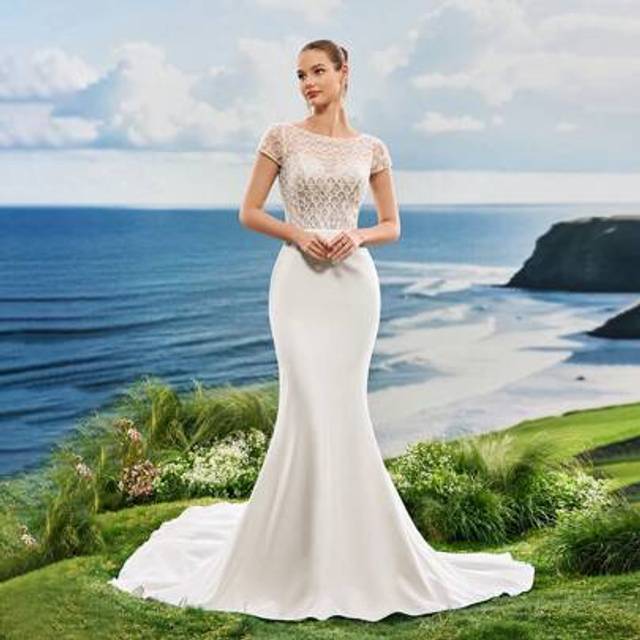 SHEIN Cap Sleeve Elegant Formal Evening Prom Dress,White Lace Sequin Mermaid Wedding Dress,Bride