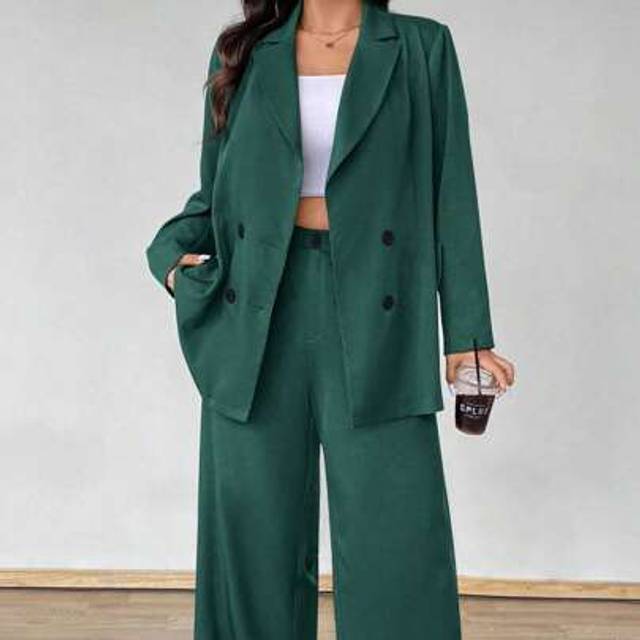 Flirla Plus Size Women Solid Color Long Sleeve Button Front Blazer And Pants Suit Set
