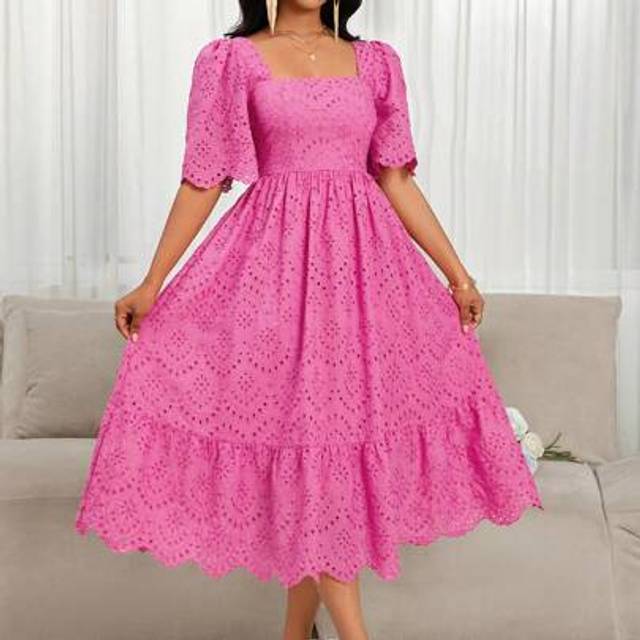 SHEIN Women&#39;s Elegant Solid Color Embroidered Hollow Out Mid-Length Dress, Summer
