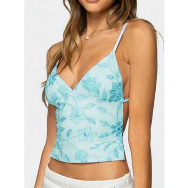 SHEIN Women&#39;s Camisoles Stylish Sequined Flower Back Tie V Neck Spaghetti Strap Tank Tops For Summer