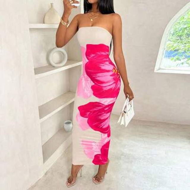 SHEIN Summer Elegant Floral Print Bodycon Strapless Dress