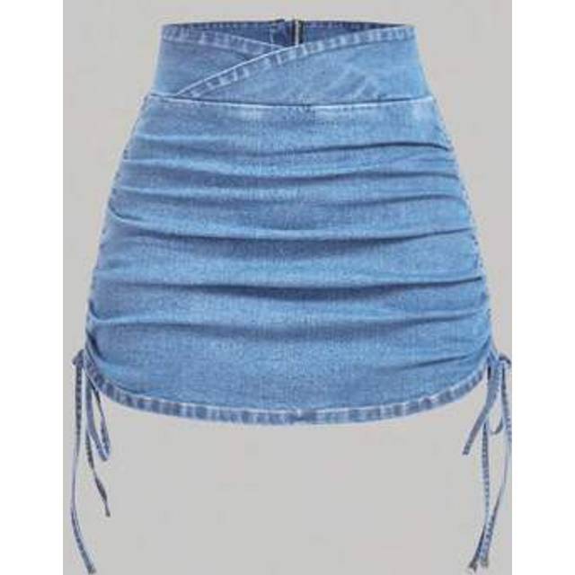 SHEIN Women Zipper Back Overlap Waist Pleated Denim A-Line Skirt