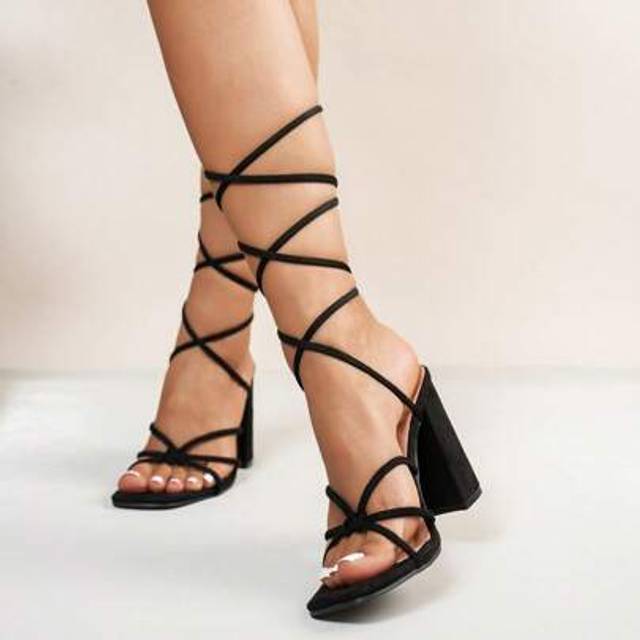 SHEIN Women&#39;s Black High Heel Sandals, Elegant Summer Faux Suede Open Toe Chunky Heels Strap Sandals