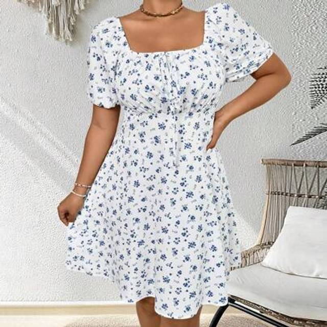 SHEIN Plus Size Square Neck Short Sleeve Dress, Fashionable For Summer