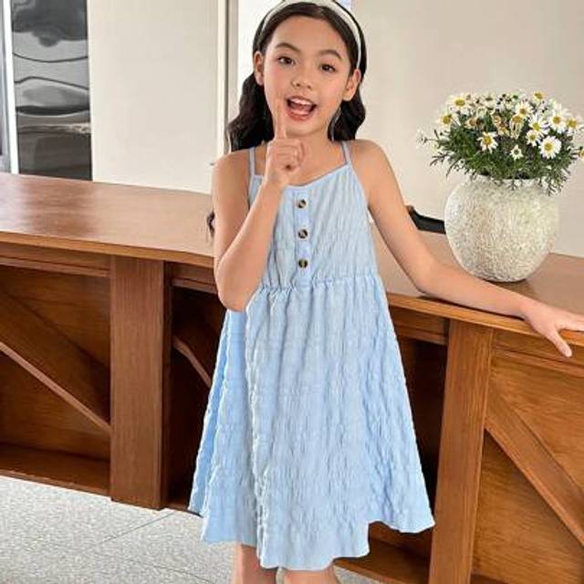 SHEIN Tween Girl Sleeveless Zrue Fabric Decorative Button Short Dress, Spring/Summer