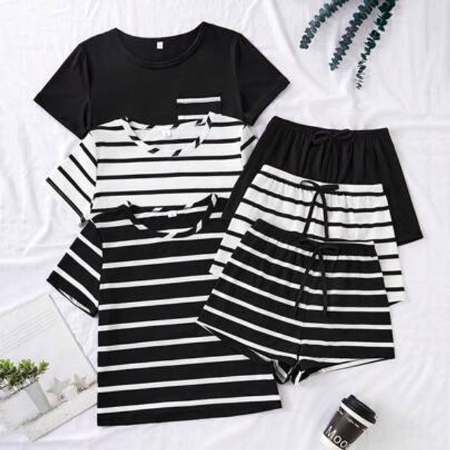 SHEIN 3-Piece Stripe Casual Short Sleeve Top And Shorts Women Pajama Set