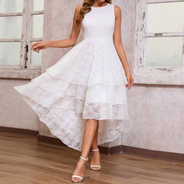 SHEIN Women Lace Bridal Shower Dress, Sleeveless Cake Dress, Wedding Dress,Bride
