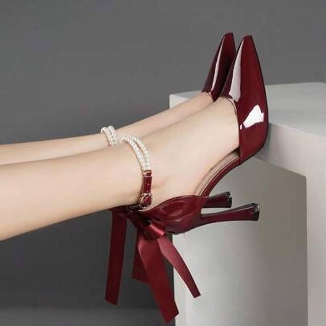 SHEIN Spring New Fashion Bowknot Black And Wine Red Thick Heel Pointed Toe High Heels, French Shallow Versatile Shoes For Banquet, Wedding